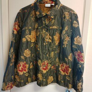 Women's Chico's Forest Green Floral Tapestry Button Front Jacket. XL